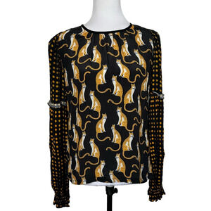 Bl^nk‎ London Blouse Long Sleeve Top Cats Cheetah Black Size XS New